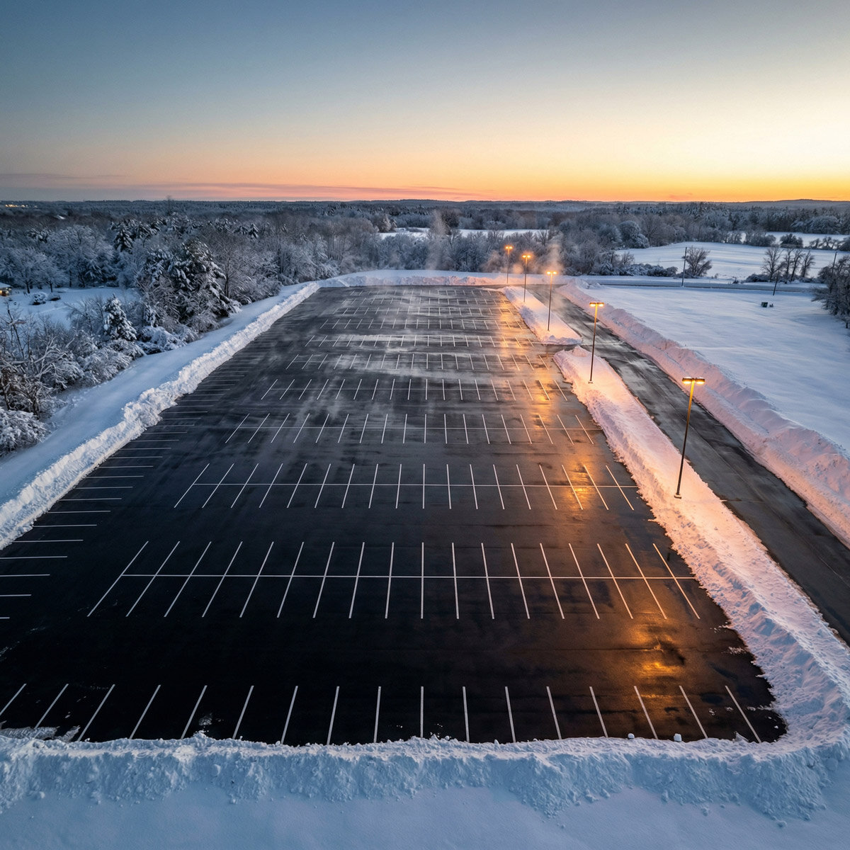 Snow plowed commercial parking lot